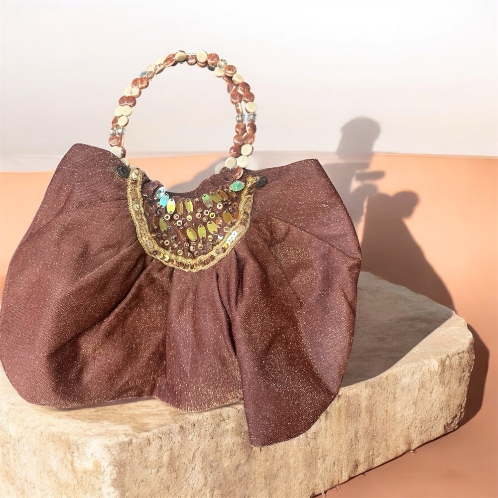 Elegant Brown Beaded Handle Bag